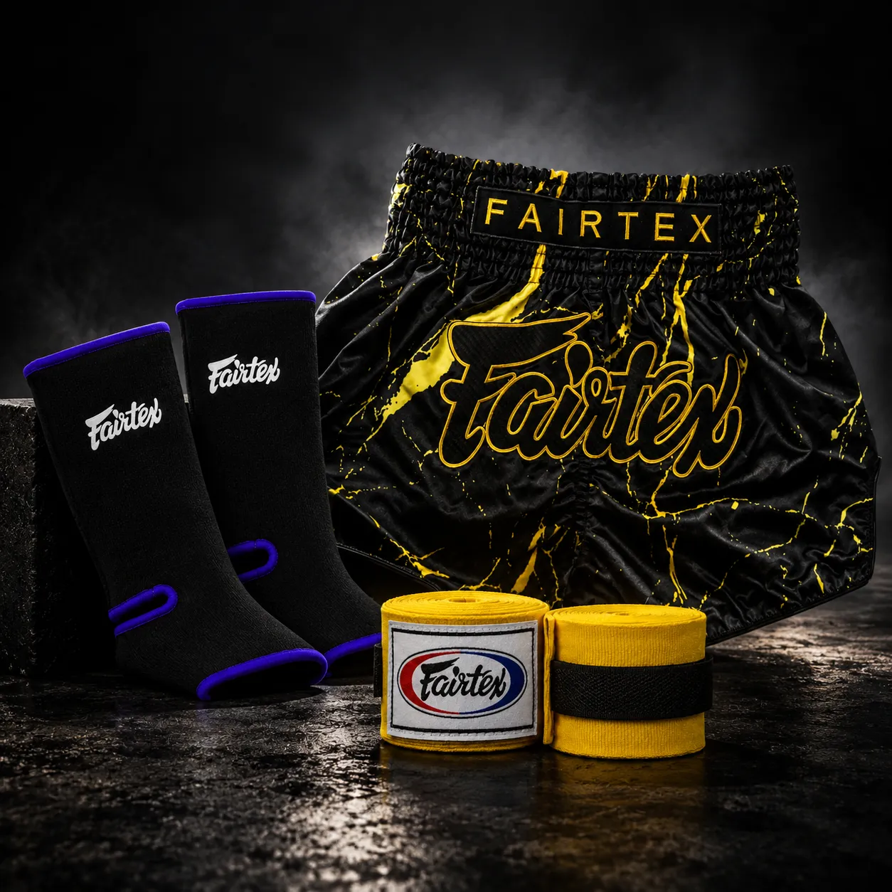 Fairtex Muay Thai starter pack with shorts, handwraps and ankle supports